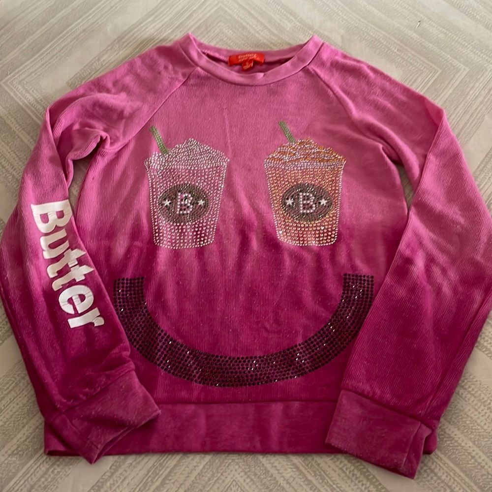 Butter Hot Pink Ombré Girls Coffee Sparkle Crewneck Sweatshirt Size Small